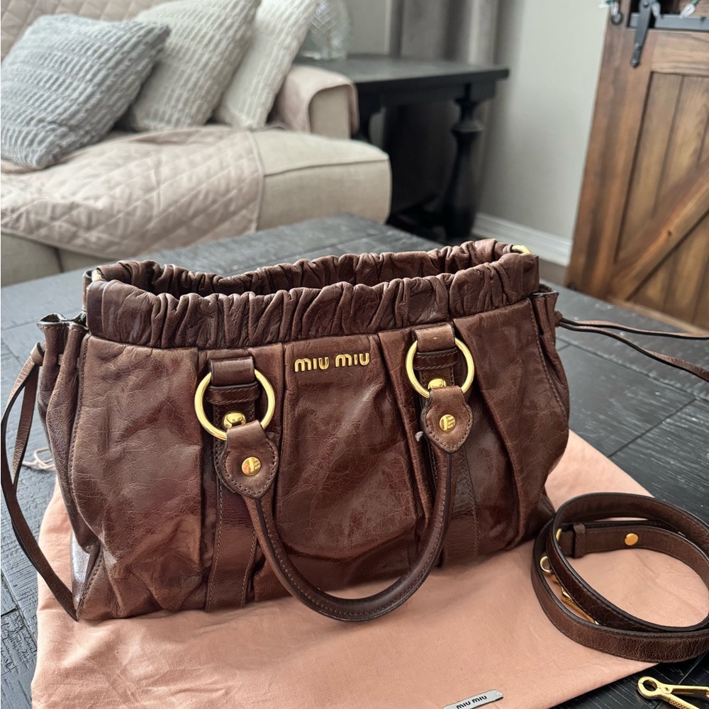 Miu Miu Dark Brown Leather Shoulder Bag with Gold Accents